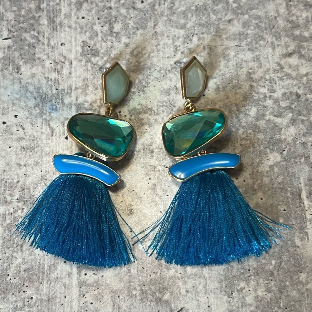 Tassel drop earrings blue gold tone NWT polyresin